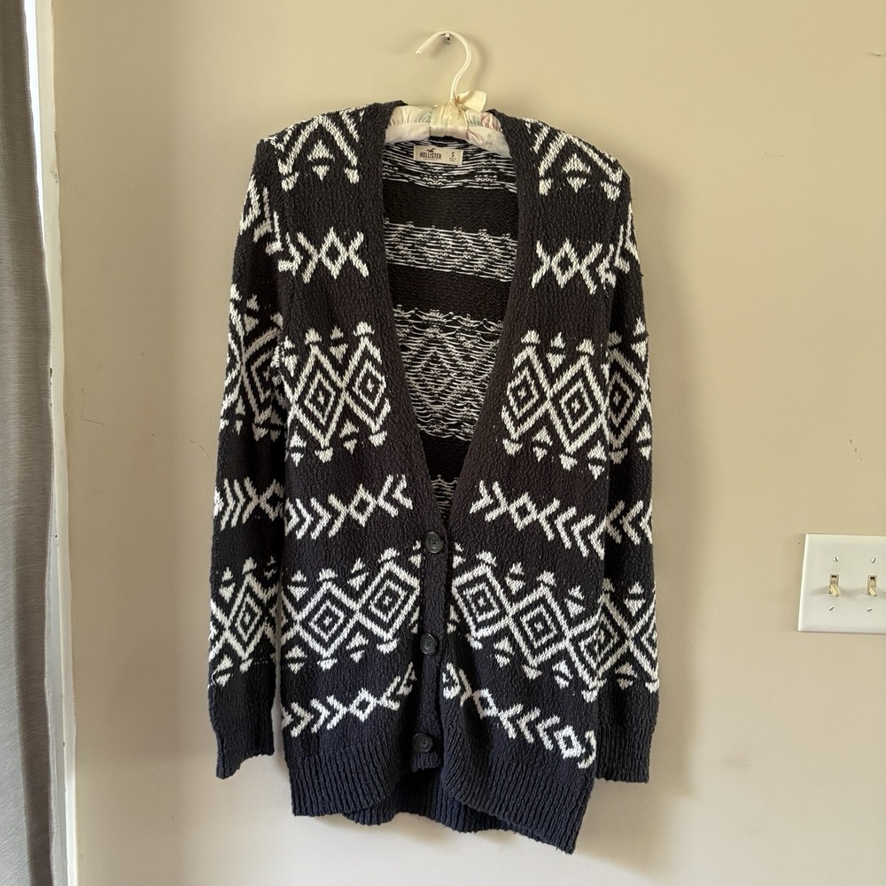 Hollister Tribal Aztec Boyfriend Sweater Cardigan Women's Small Navy And White